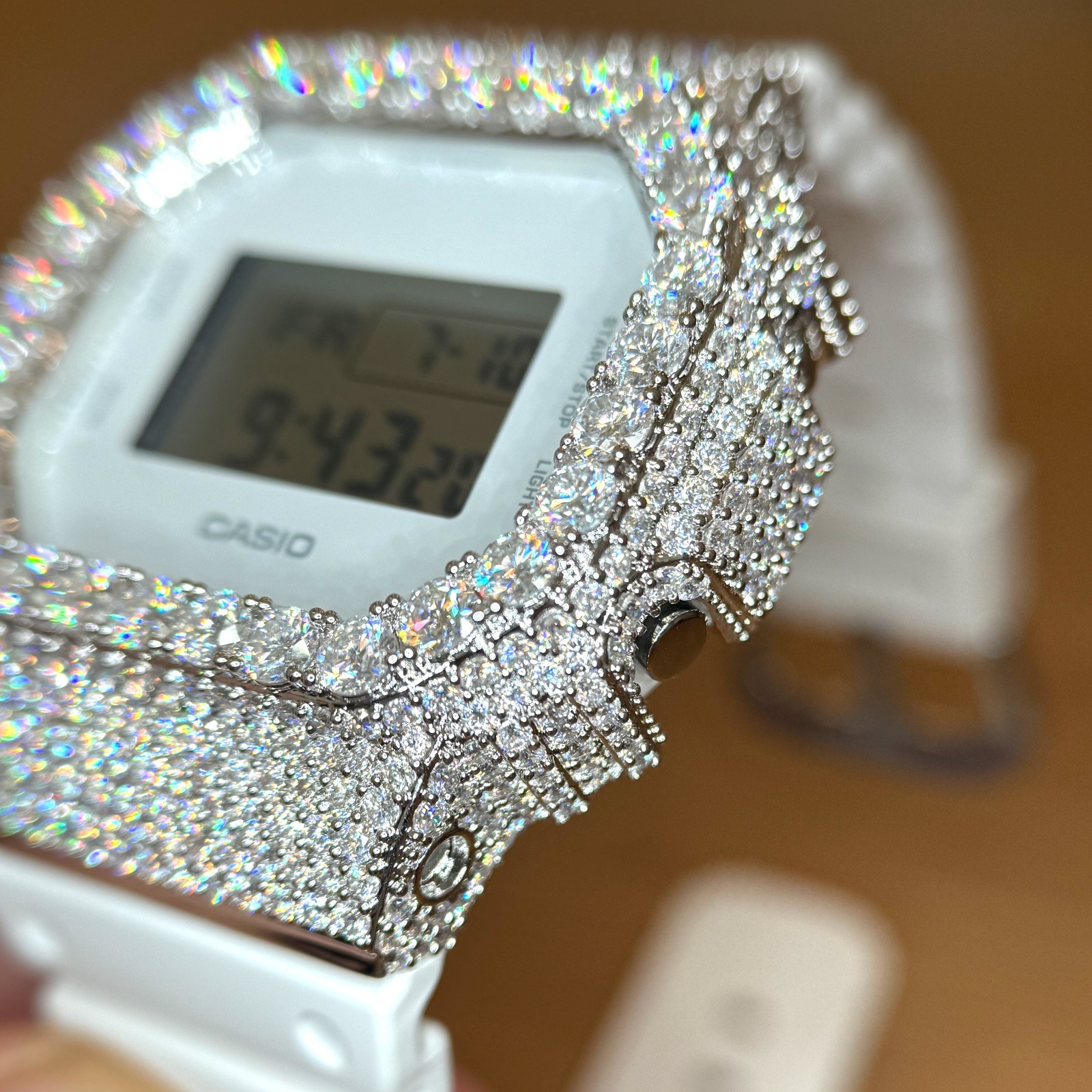 Authentic G Shock White DW5600 Custom Iced Out Moissanite Watch