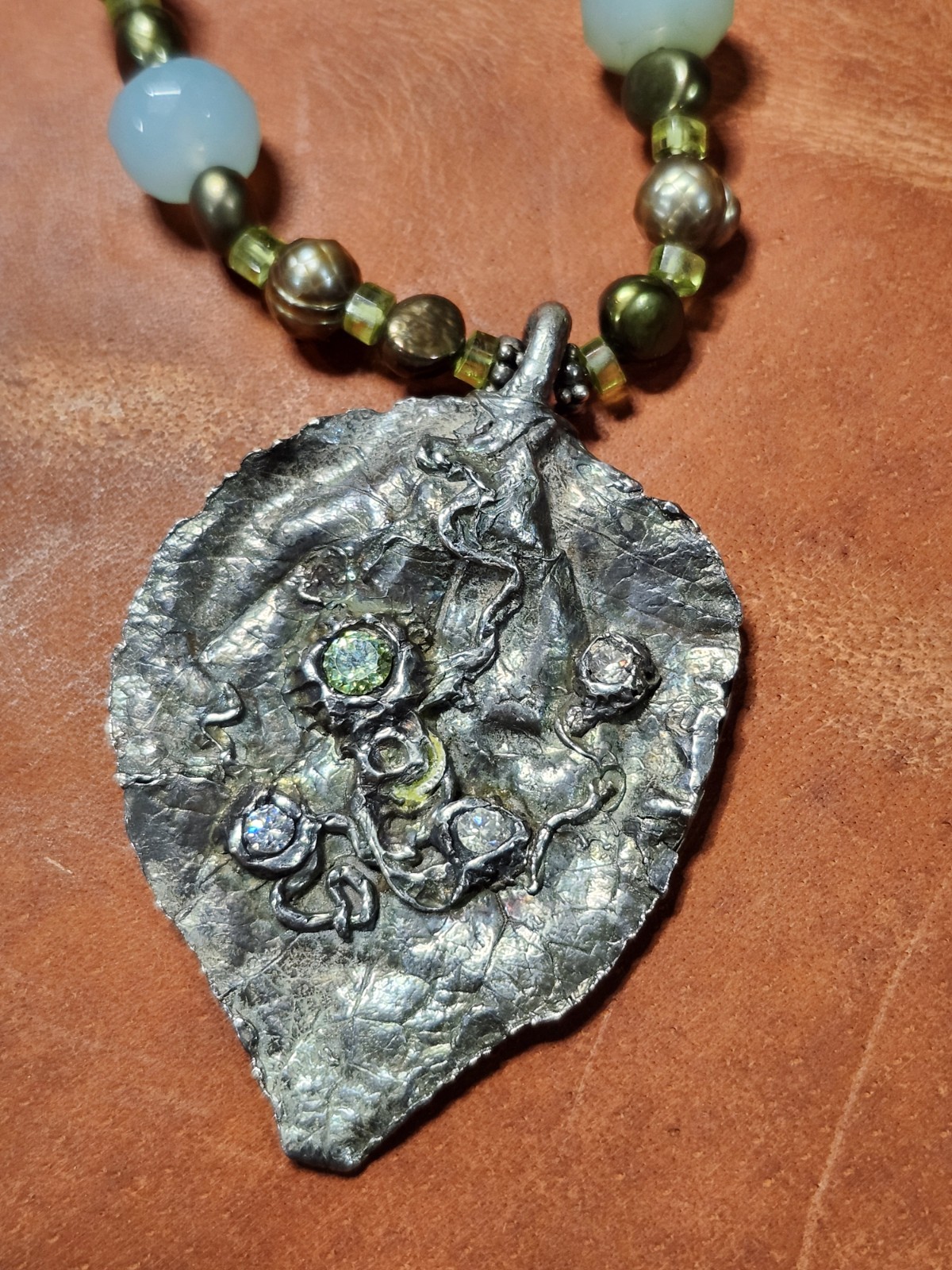 Handrafted .999 Fine Silver Artisan Necklace With Natural Stones & Pearls