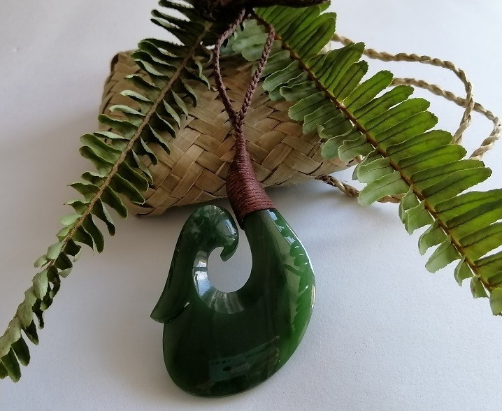 New Zealand Jade Greenstone Bound Fish Hook X Large pendant 70mm L x 45mm W