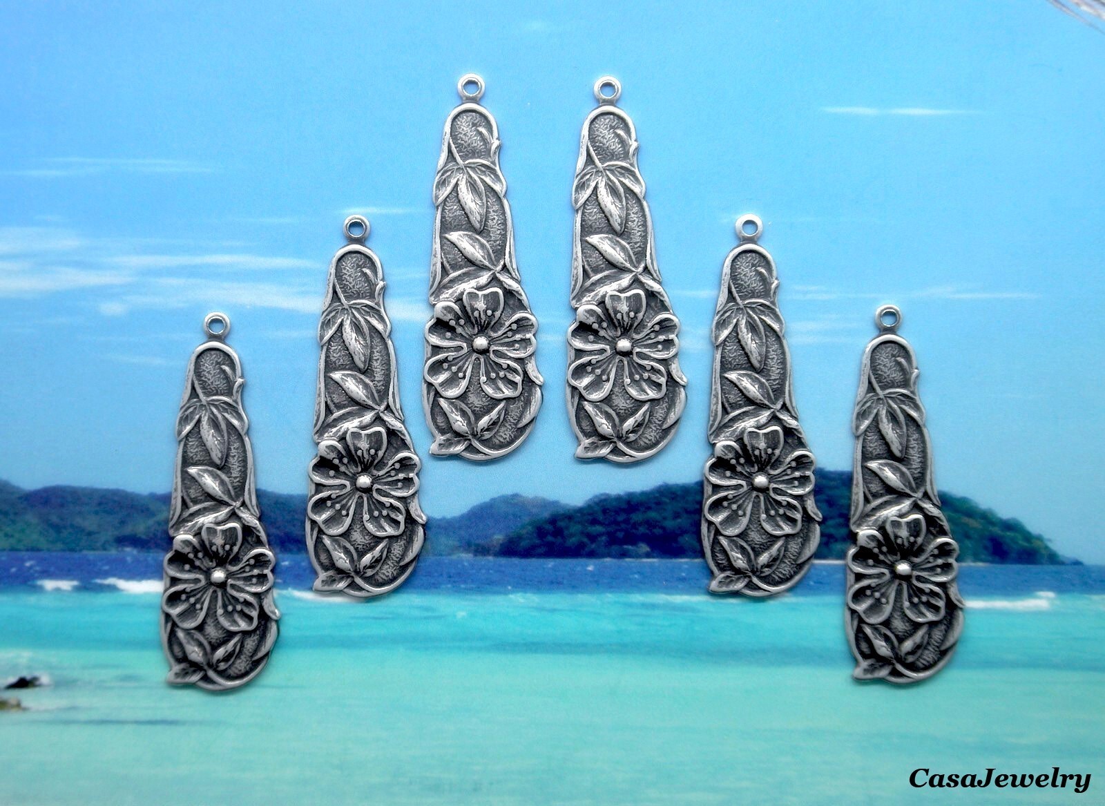 #4211 ANTIQUED STERLING SILVER PLATED FLORAL DROP W/TOP HANG RING – 6 Pcs