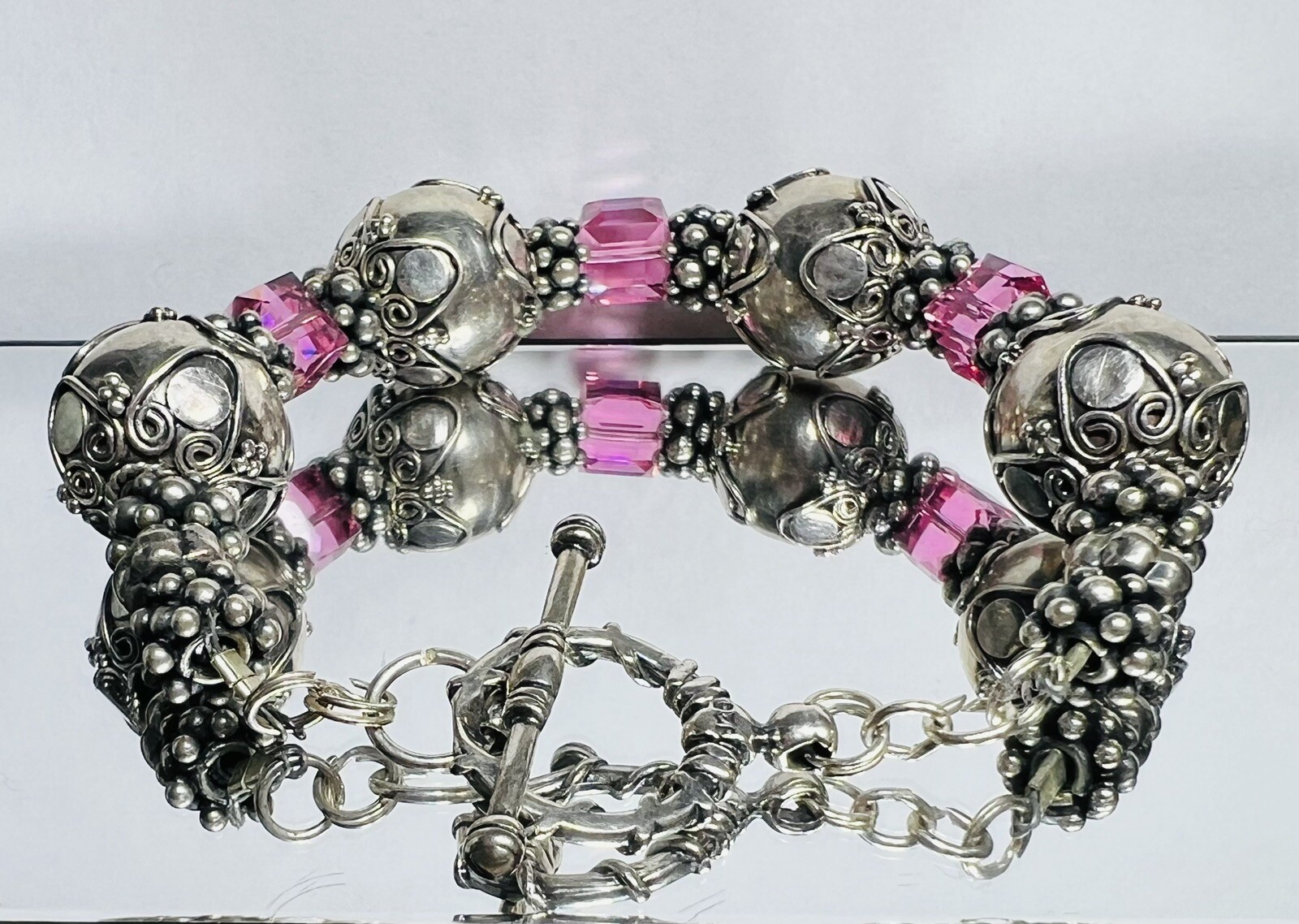 Sterling Artisan Crafted Bali Pink Topaz Large Intricate Silver Bracelet 8.5” in