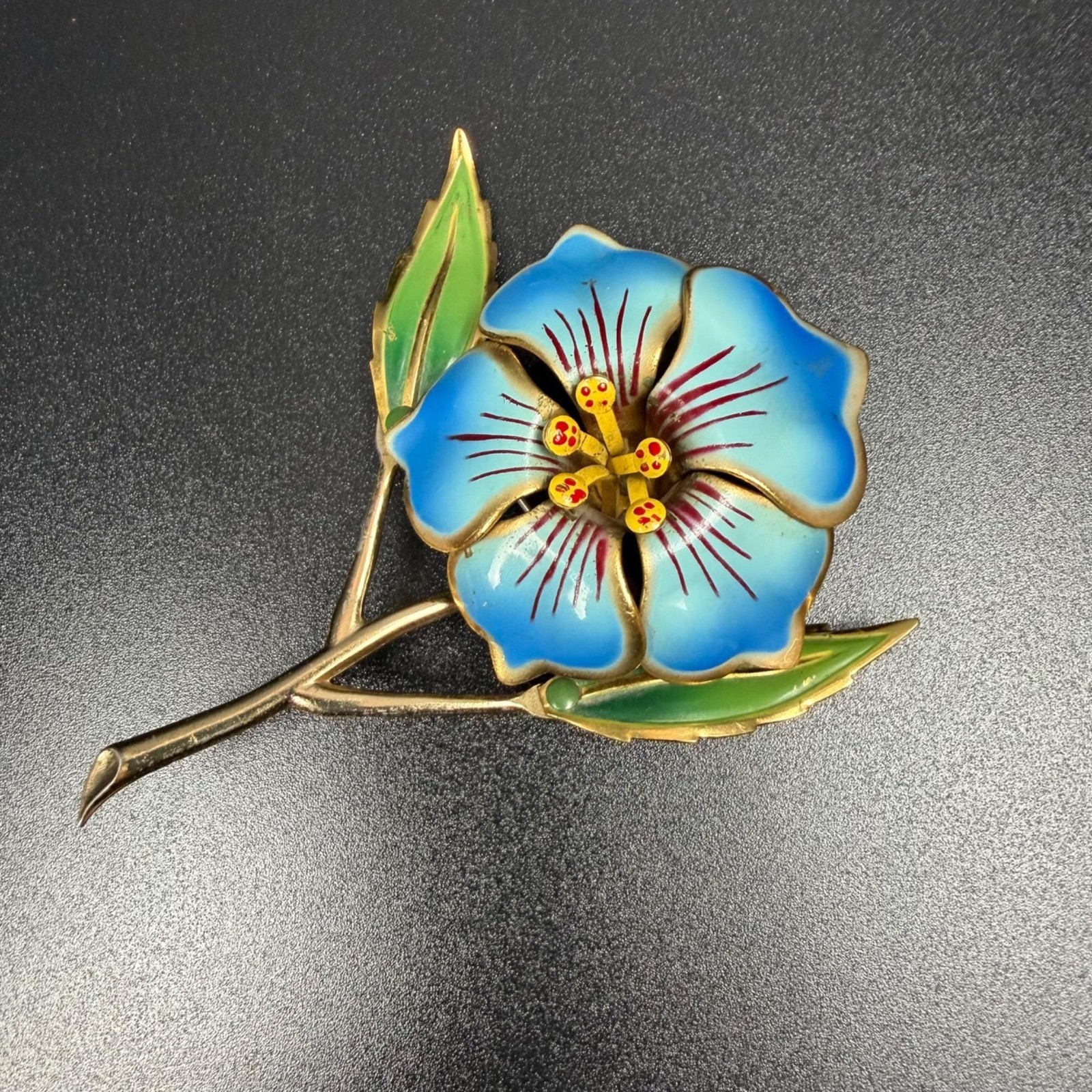 Vintage Blue Cold Painted Enamel Flower Brooch Gold Tone Statement Pin 3.75 In