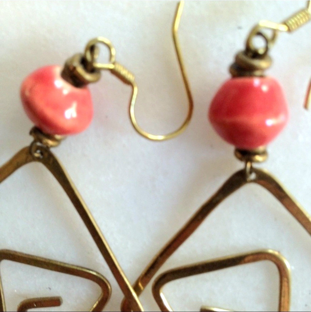 Paul Muragu Nairobi Kenya Handmade Brass Wire Geometric Earrings Red Coral Beads