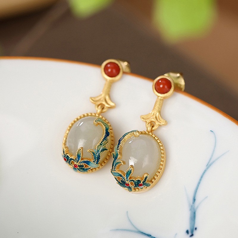 Cloisonne Nephrite Jade Chinese Design Women Jewelry Set Ring Earring Bracelet)