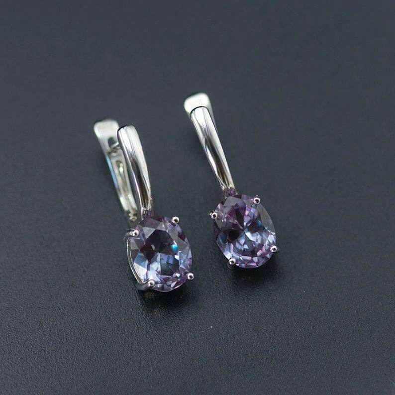 Oval Stud Earrings, Simple Oval 7*5 mm Alexandrite Earrings, Silver Alexandrite