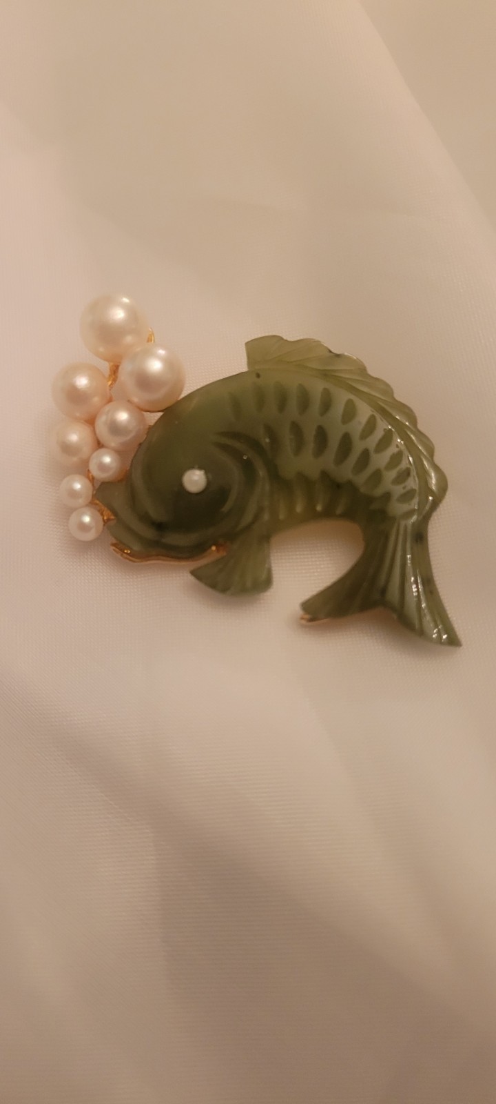 Vintage Swoboda Extremely Rare Carved Jade And Pearl Blowing Koi Fish Brooch