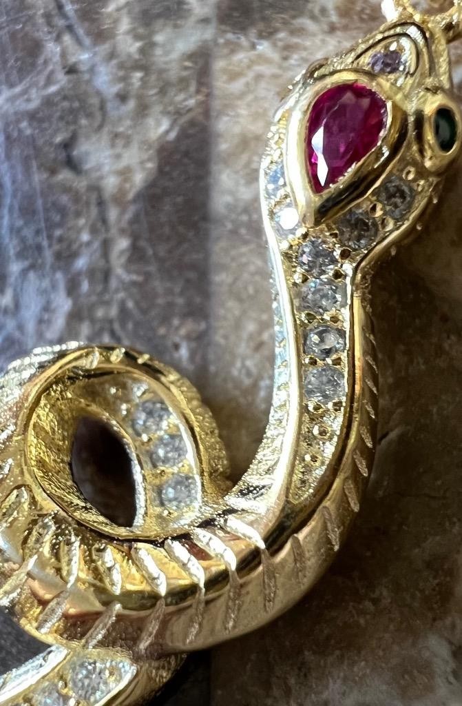 REAL 14K Y Gold on Solid 925 ruby diamond Snake Bracelet Victorian Egyptian Rev.