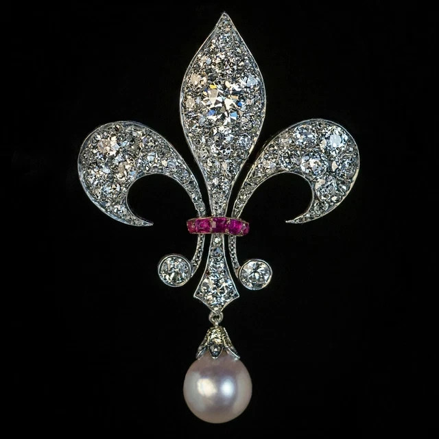 2.00Ct Moissanite Pearl & Ruby Fleur-De-Lis Brooch Pin 14k White Gold Plated