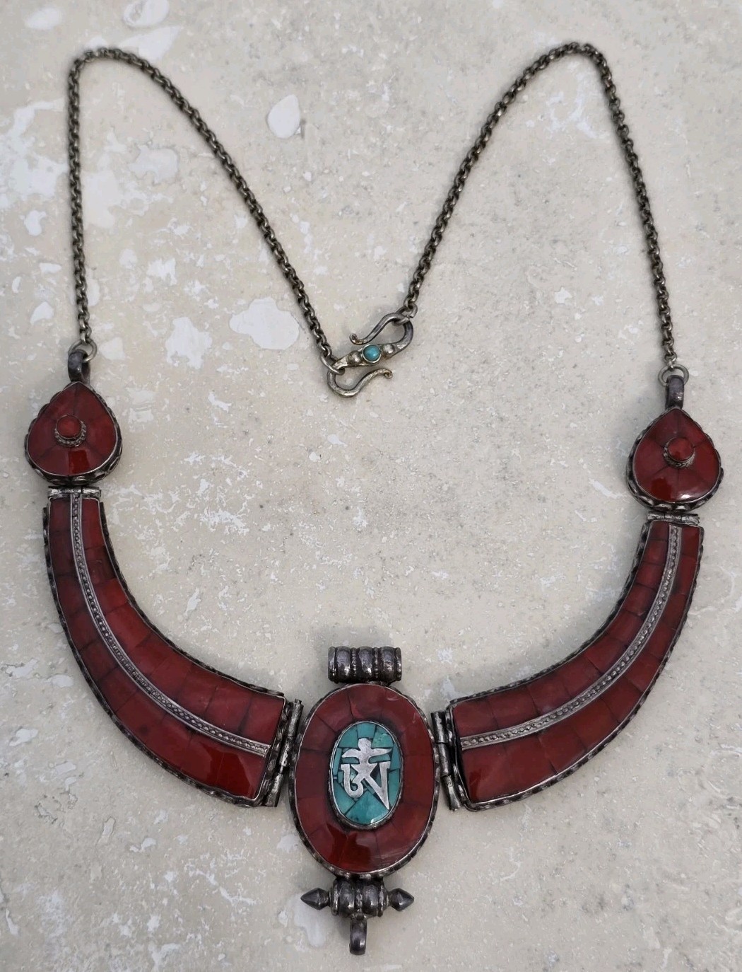 AUTHENTIC TIBETAN SILVER GARUDA COLLAR NECKLACE TURQUOISE CORAL BIB 107G 21.8 IN