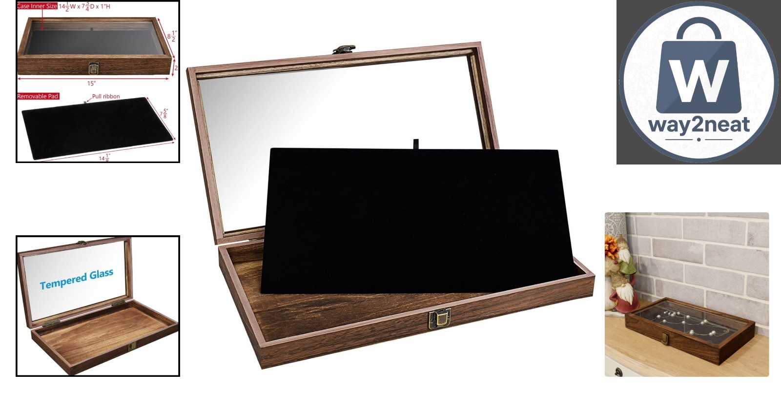 Elegant Antique Wood Jewelry Display Case with Tempered Glass Top & Velvet Pad