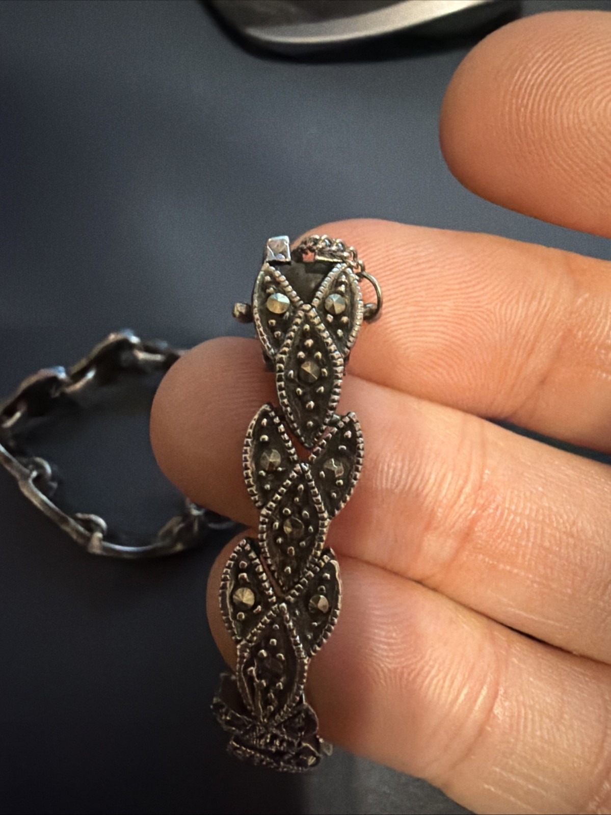 925 Sterling Silver Marcasite Bracelet Scroll Work Chain Bracelet