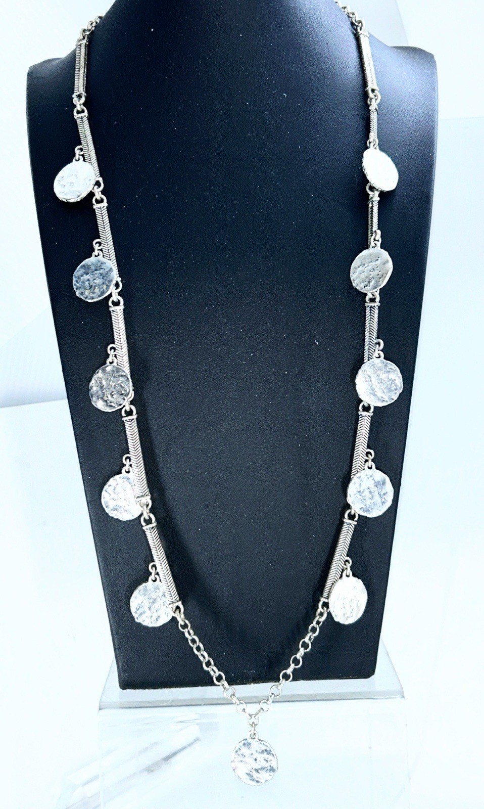 Long Boho Gypsy Style Silver Tone Coin Like Disk Necklace 17″ On 34″ Long