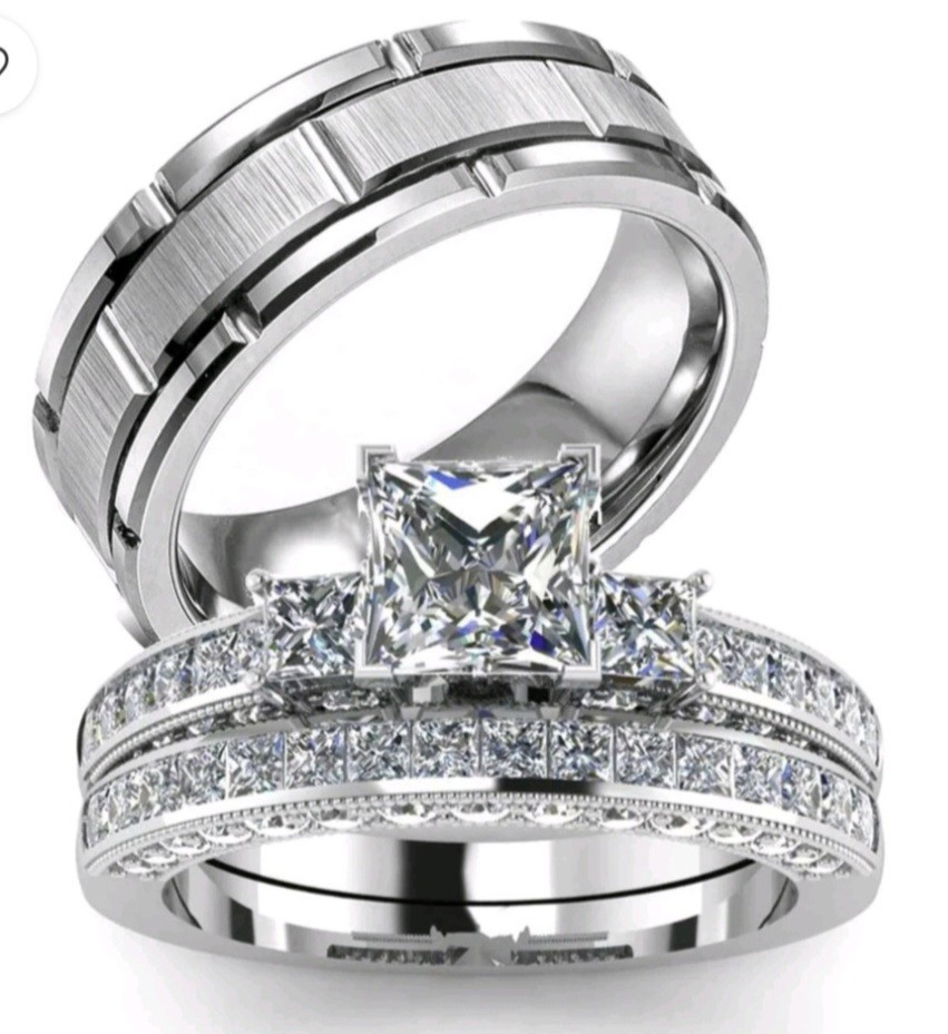 Couples Wedding Ring Set. Stainlesss Steel/Simulated Silver Tone 9,10,11,12,13