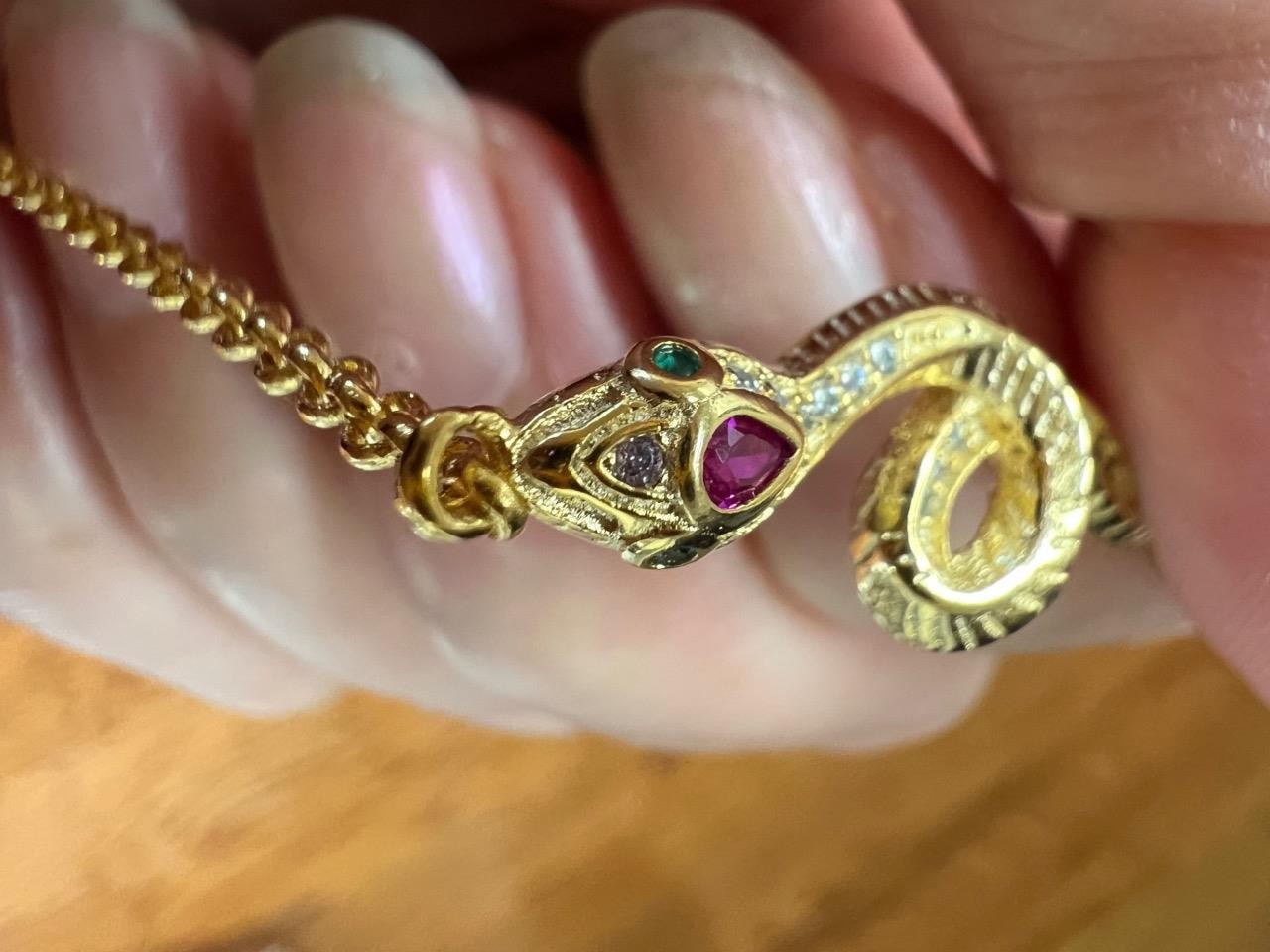 REAL 14K Y Gold on Solid 925 ruby diamond Snake Bracelet Victorian Egyptian Rev.