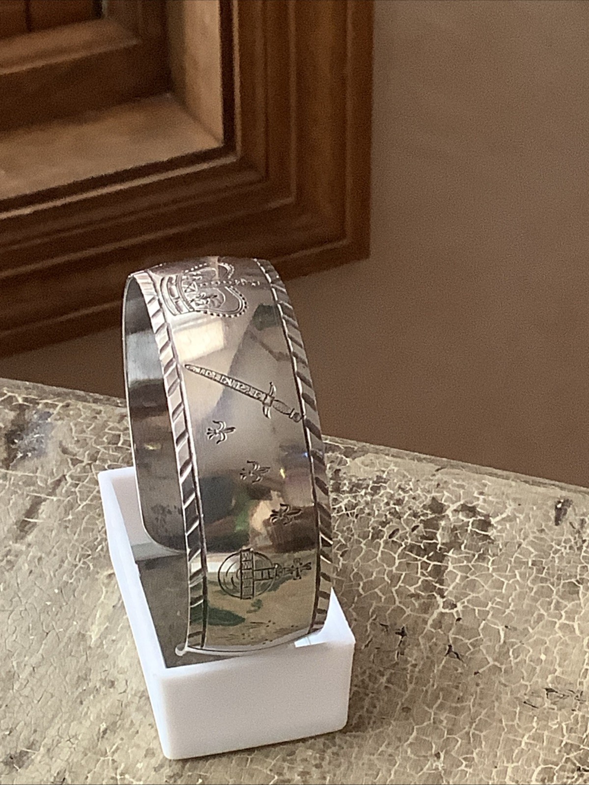 Birks Sterling Silver Eagle Crown Sword Fleur De Lis 7” Cuff Bracelet