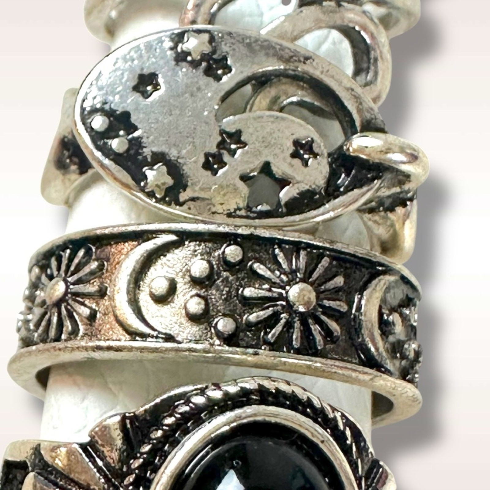 Free People Celestial Western Bohemian Ring Set Silver Onyx Snake Moon Star NWT