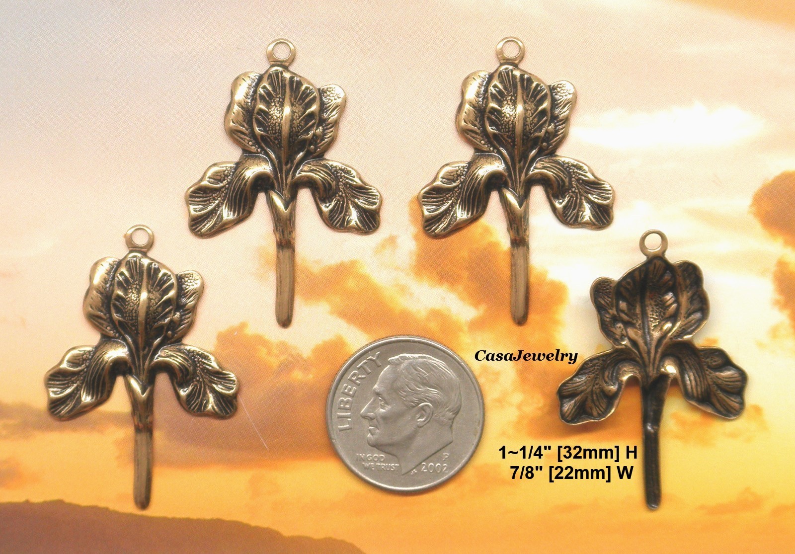 #0146 ANTIQUED GOLD IRIS DROP W/TOP HANG RING – 4 Pcs