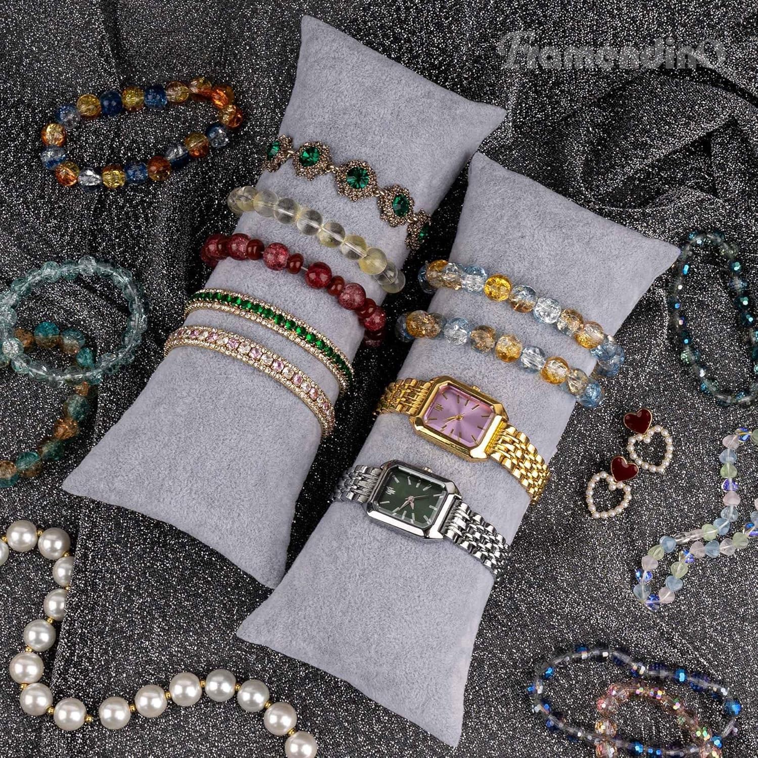 , 2 Pack Gray Long Watch Pillow Velvet Bracelet Bangle Cushions Display Pillo…