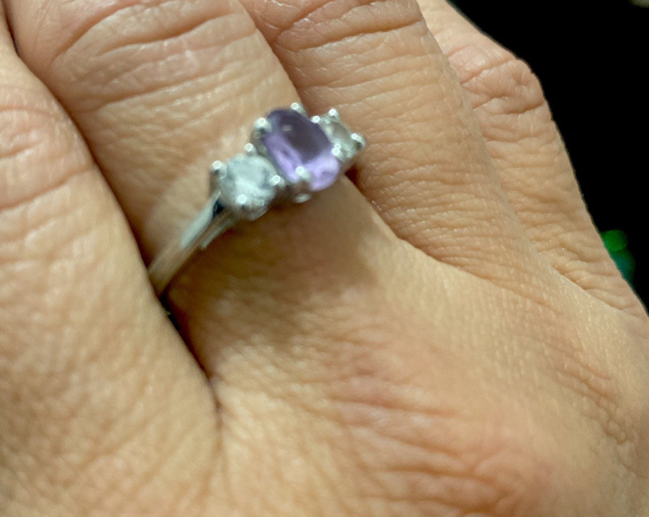 Lilac / White Stone Silver Ring, 925 Stamped – See Description For Details