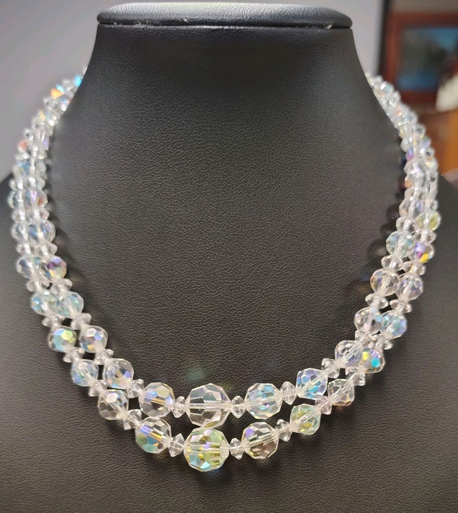 Beautiful Vintage Aurora Borealis Double Strand Necklace With Hook Closure 14 In