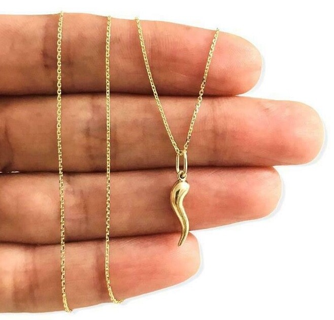 14K Real Gold 3D Italian Horn 18mm Pendant / 0.8mm Thick Cable Chain- 14K6390