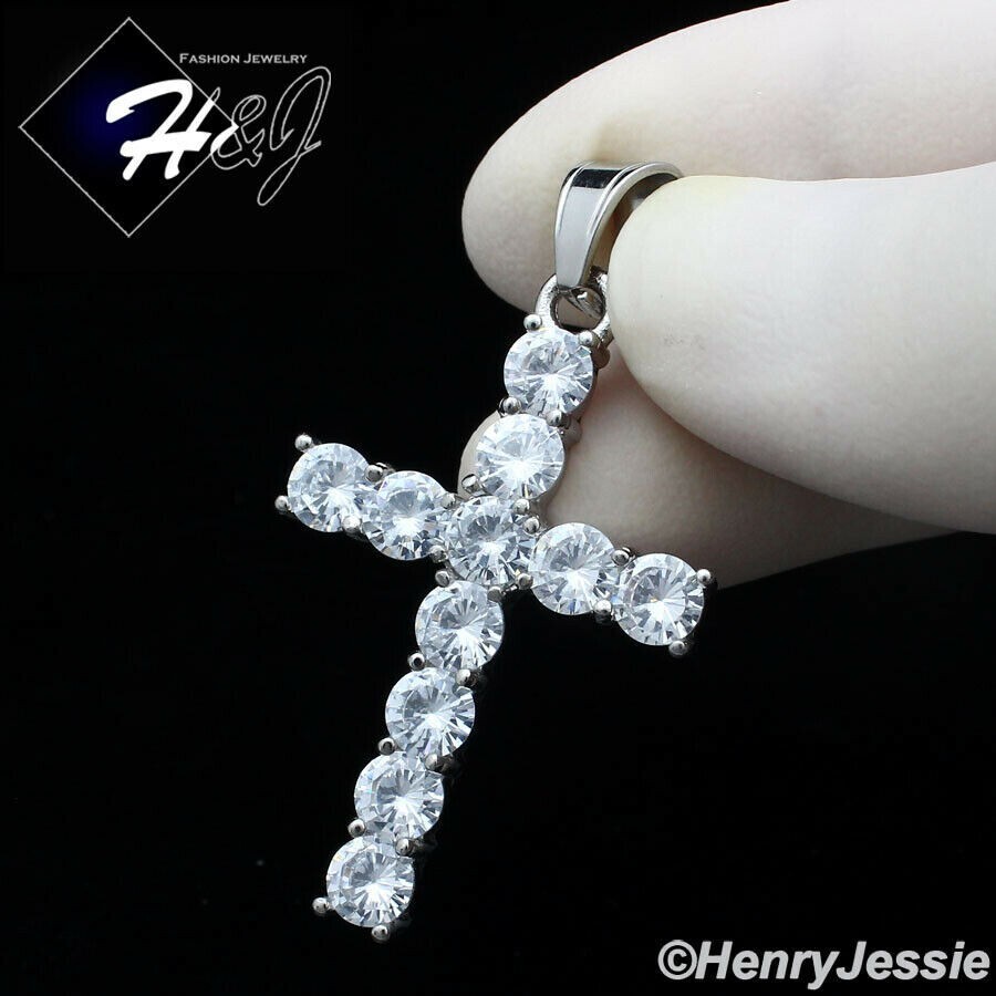 24″MEN 316L Stainless Steel 5mm Silver Box Link Chain ICY CZ Cross Pendant*IP138