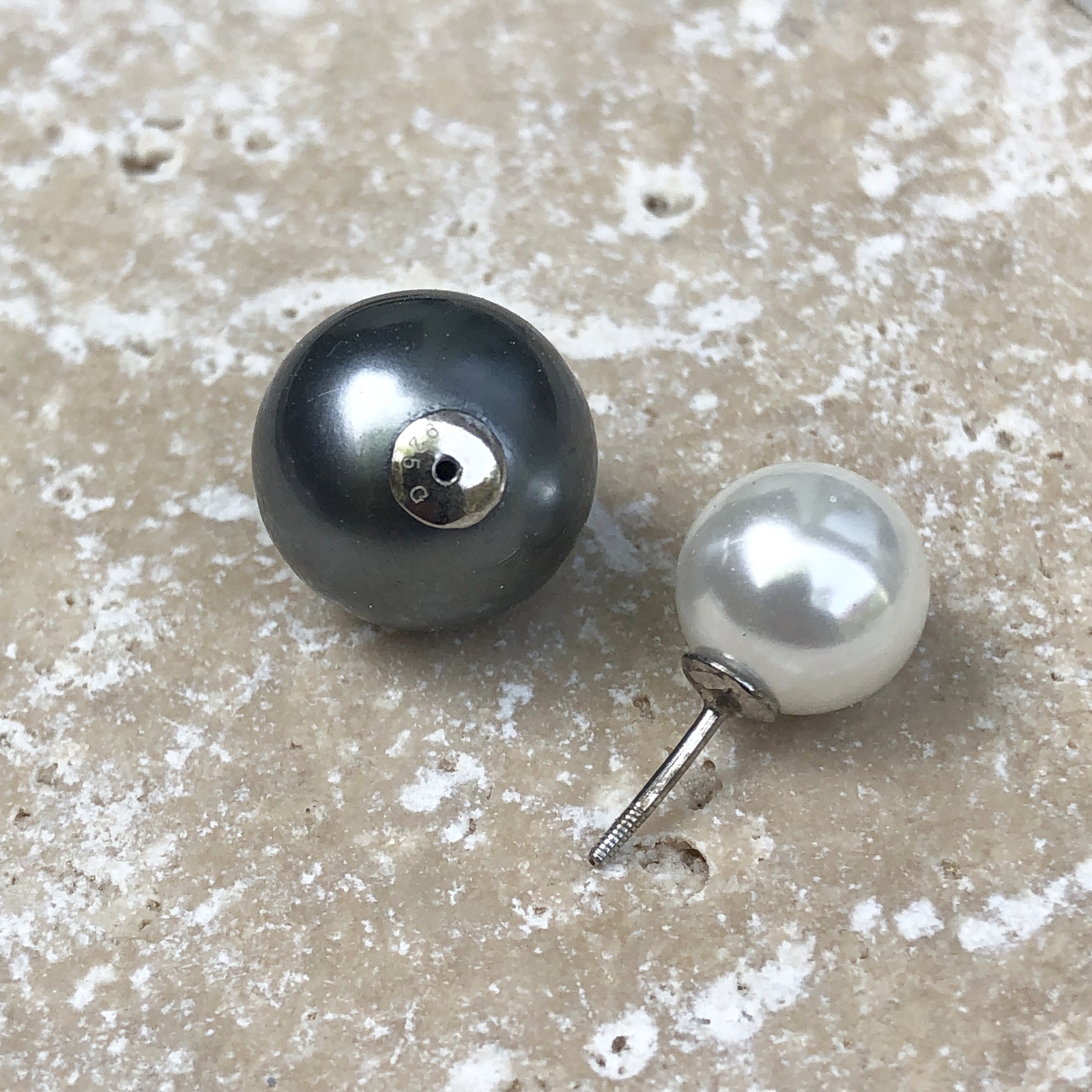 Sterling Silver Double Ended Gray White Pearl Ball Earrings Interchangeable NEW