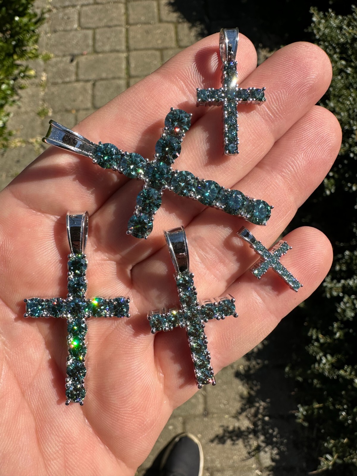 Green Blue MOISSANITE Real 925 Silver Tennis Cross Iced Pendant Necklace Hip Hop
