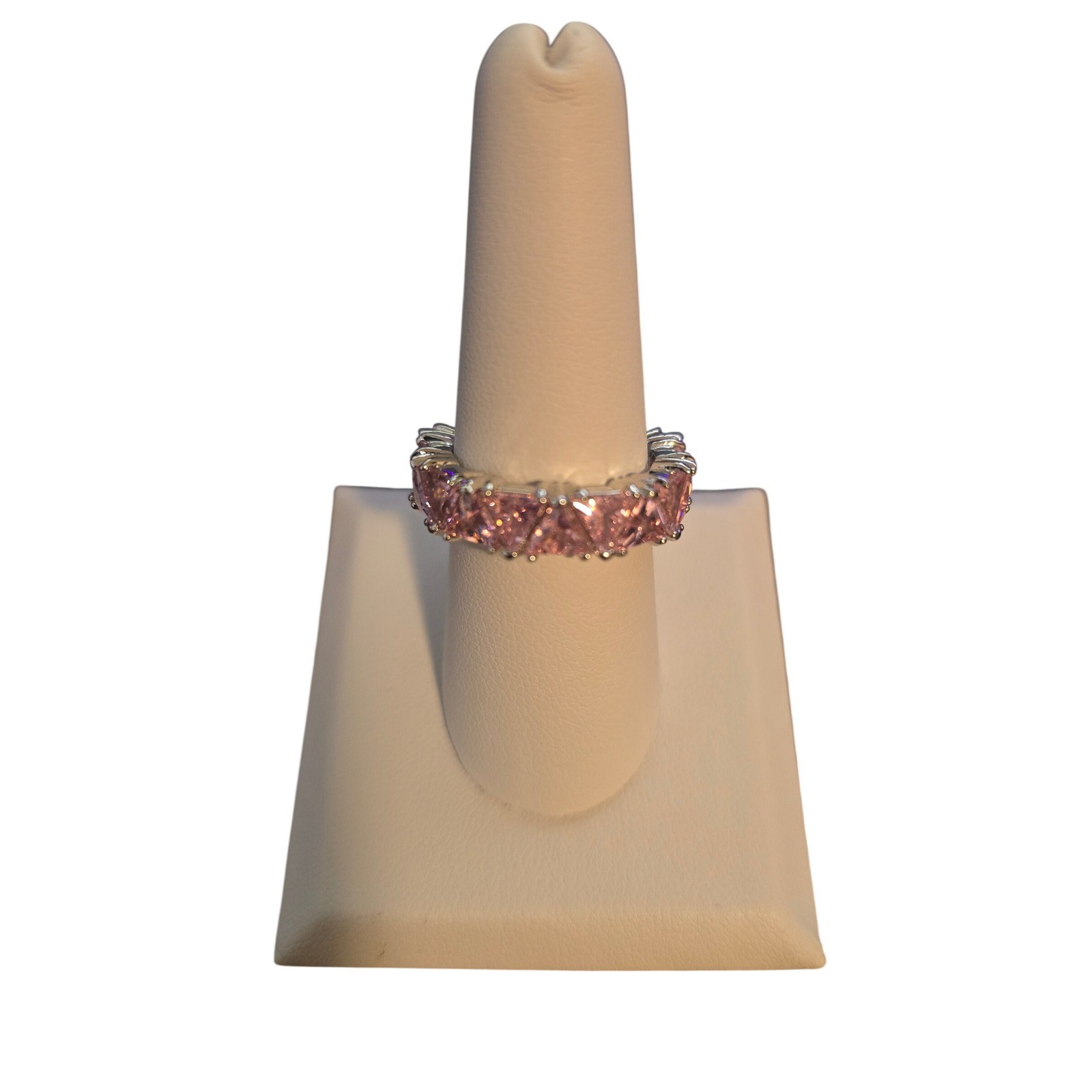 Ring Women 8 Eternity Trillion Cut Pink Cubic Zirconia Silver Tone