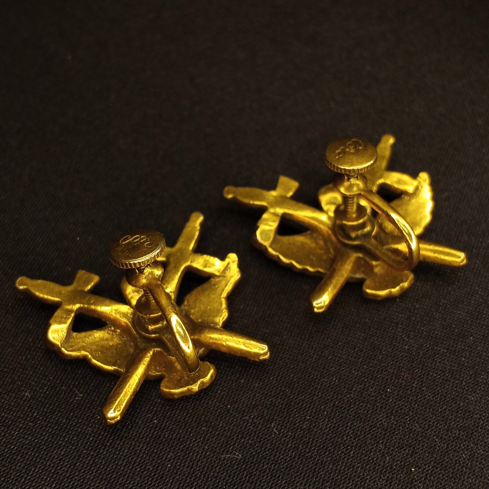 Large Vintage Earrings Sword Shield Crown Eagle Pin Military Style Gold Tone