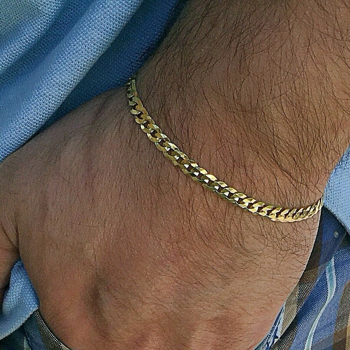 14K Gold Plated On Solid 925 Sterling Silver Bracelet Flat Cuban Link 7.5″ 5MM
