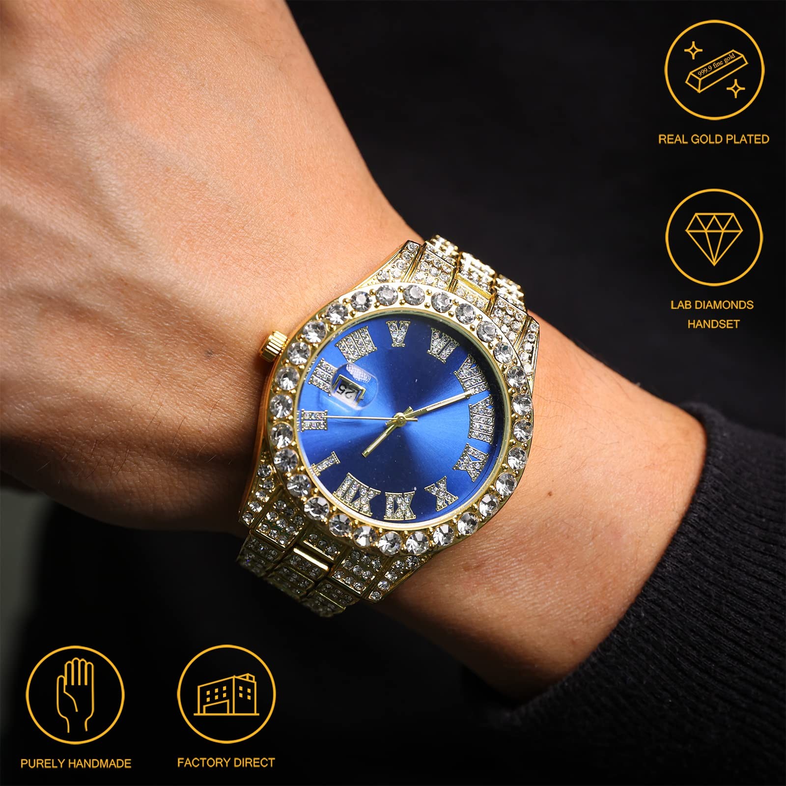 Men’s 18K Gold Plated Alloy Watch Iced Out 42MM Blue Dial Quartz Handset Diamond