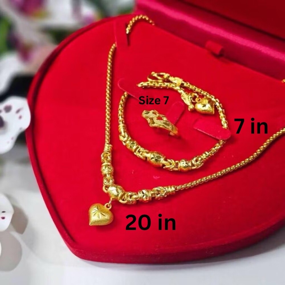 SET Heart 18K 20k 22K 24K YellowGold Necklace 20 inch&bracelet 7 in& ring size7