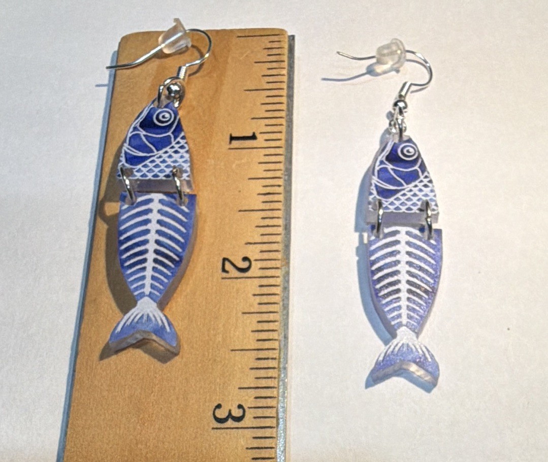 Blue/White/Silver Metal/Plastic Fish Dangle/Drop Hook Earrings, No Stone