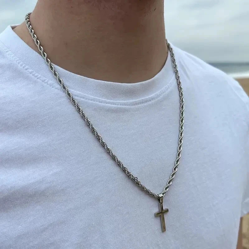 NewMen Stainless Steel Cross Pendant Necklace Hip Hop Simple Chain Silvery Gift