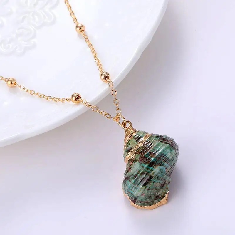 Green Turban Shell Pendant Necklace Gold Sea Nautical Mermaid Boho Jewelry