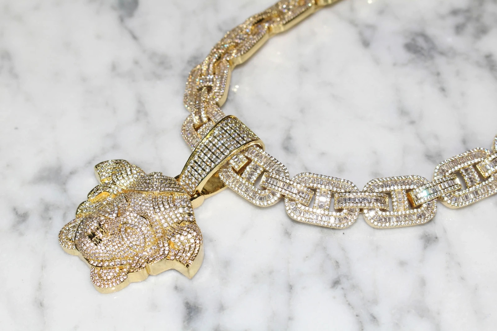14k STAMPED XL MEDUSA Pendant 14mm MARINER Chain 96ct Lab Sim Diamond Gold 249g
