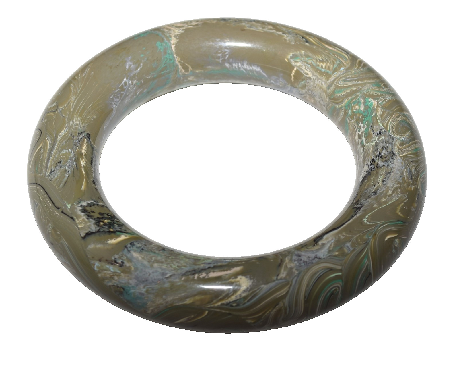 Vintage Olive Green White Black Swirls Rounded Lucite Bangle Bracelet Size 7.5