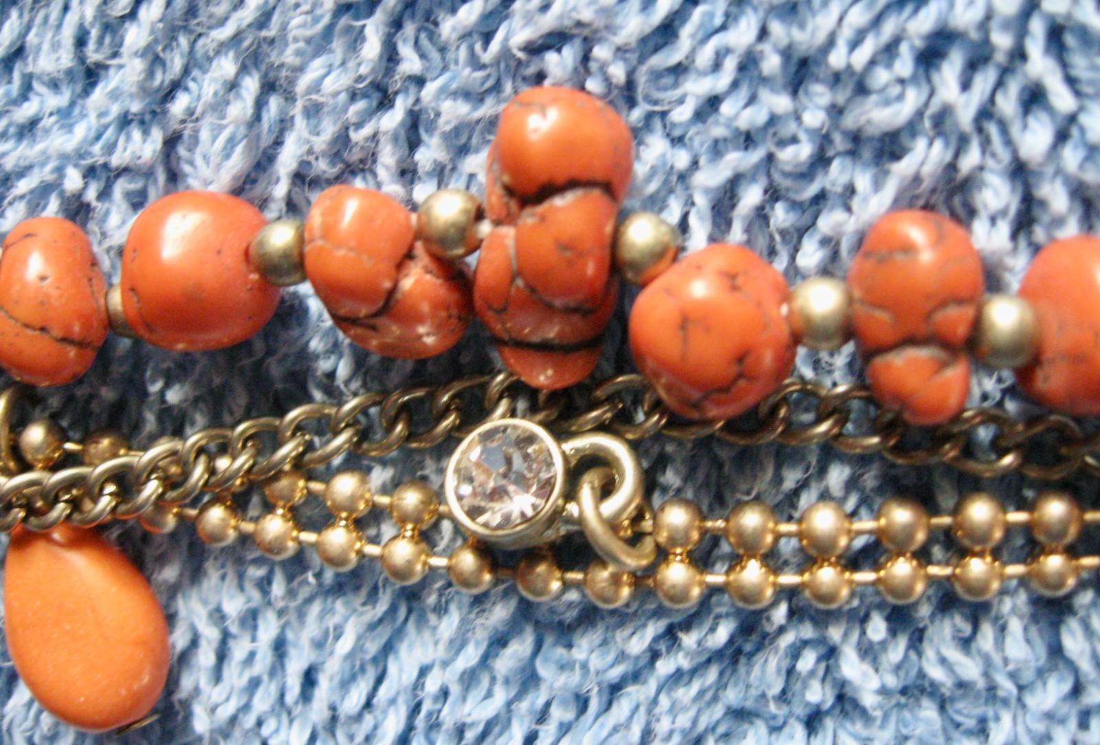 “T” Logo FLOATING 3 STRAND Orange Turquoise Beaded Necklace; Chain; Cord Lobster