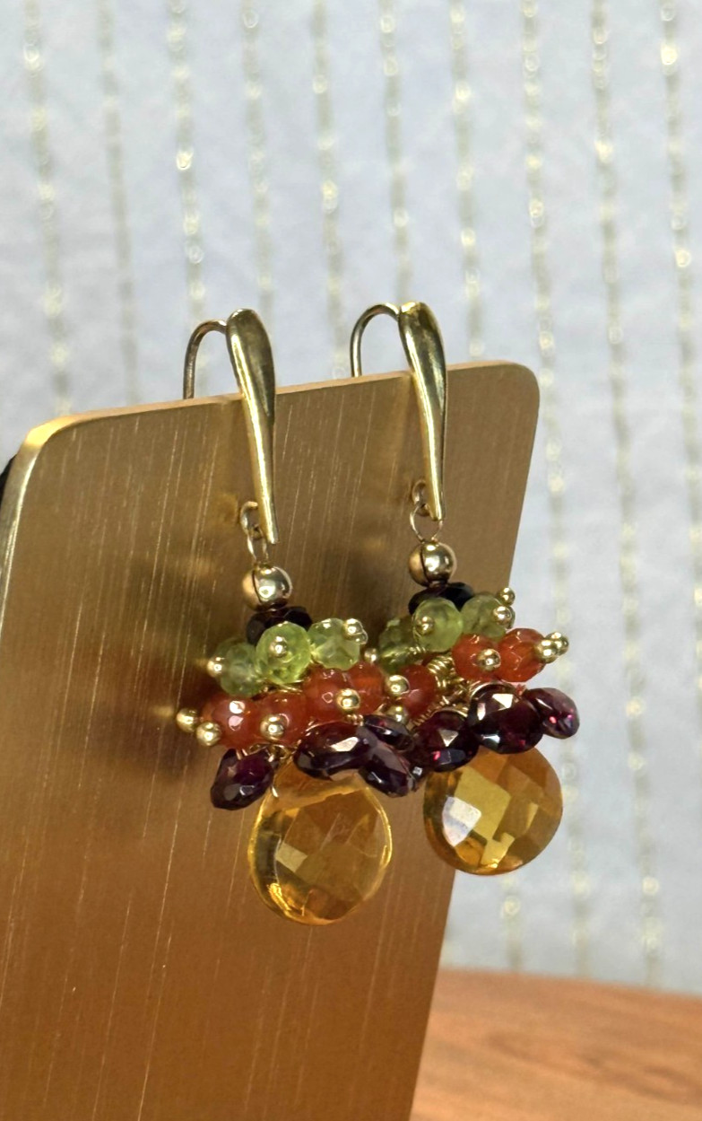 Citrine W/Garnet, Peridot, Carnelian and Amethyst Earrings 10 Kt over SS