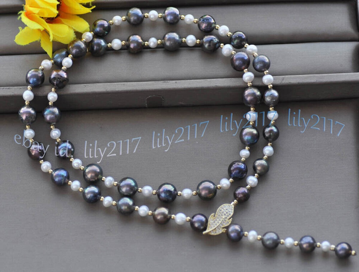 6-7mm White 11-12mm Black Natural Freshwater Pearl Beads Necklace Leaves Clasp