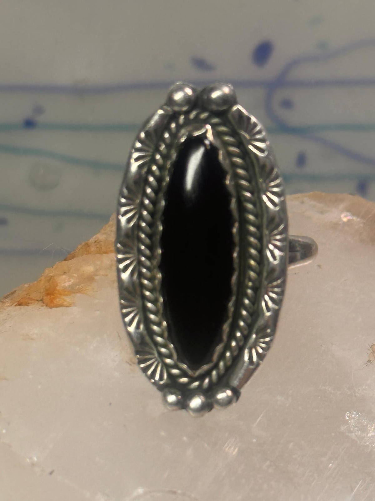 Navajo Ring Long Onyx size 6.5 sterling silver women girls signed LY