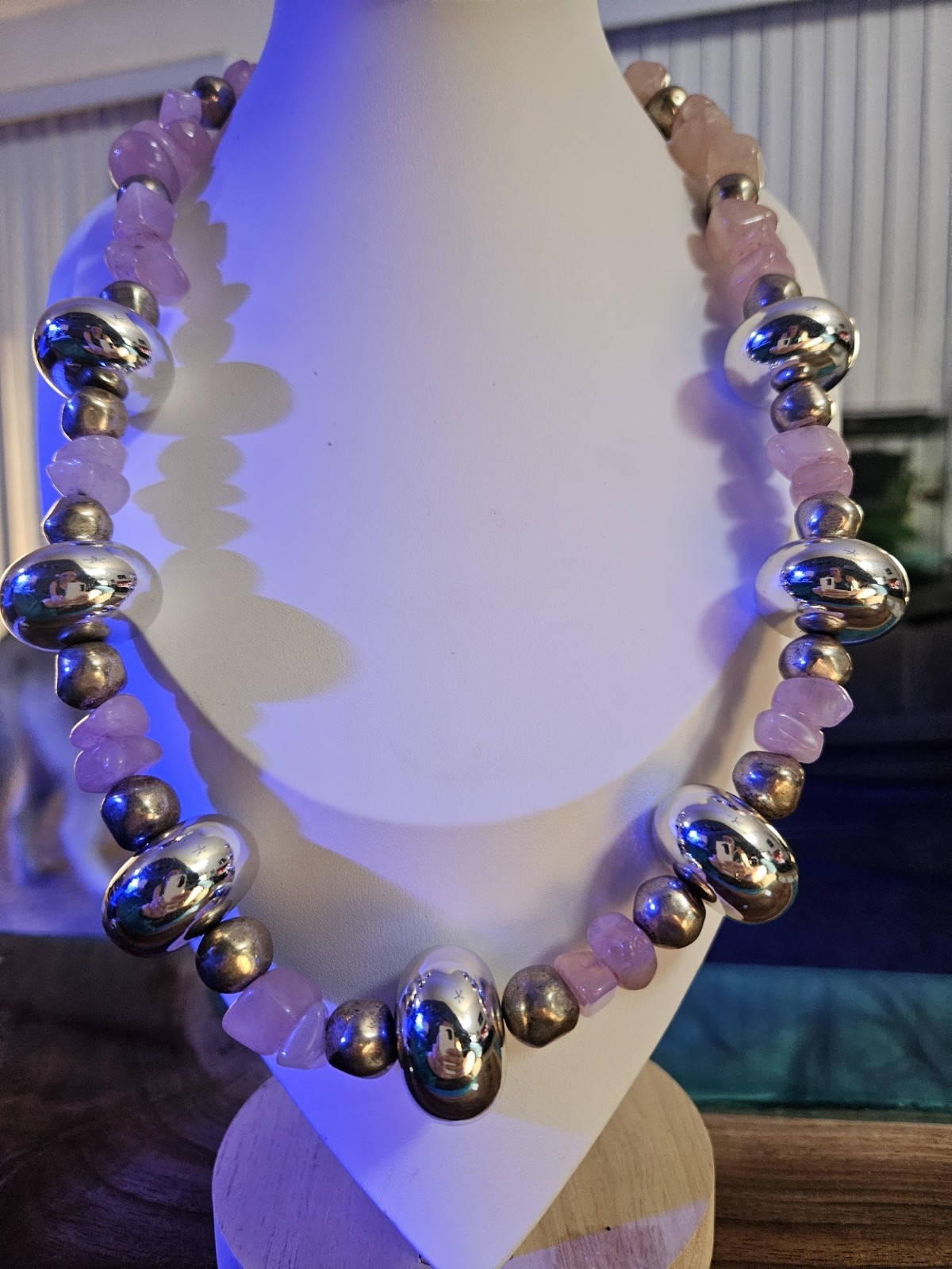 Vintage Chunky Rose Quartz And Silver Beaded Hook Closure Necklace