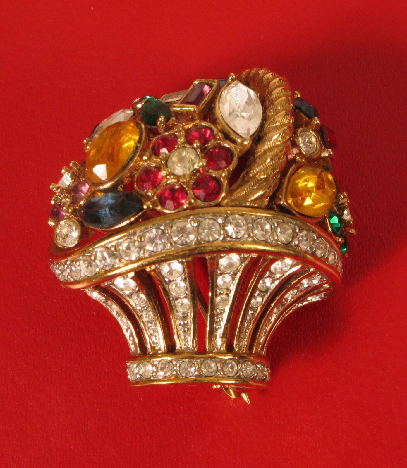 STUNNING DESIGNER SIGNED A&S COLORFUL FLOWER BASKET RHINESTONE BROOCH PIN FUN !!