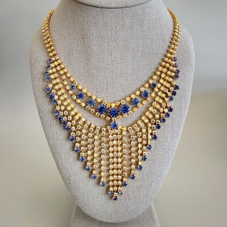 Vintage Blue White AB Rhinestone Bib Necklace 16″ Gold Tone Statement Cocktail