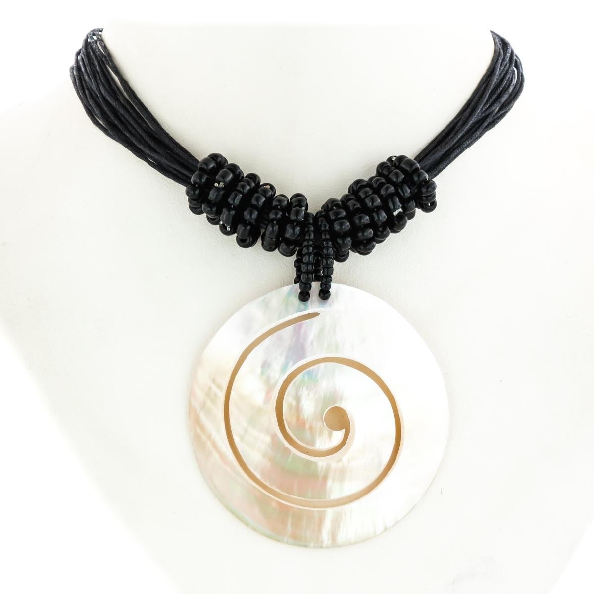 Spiral Luster Mother Of Pearl Shell Black Rope Necklace, 2 3/8″