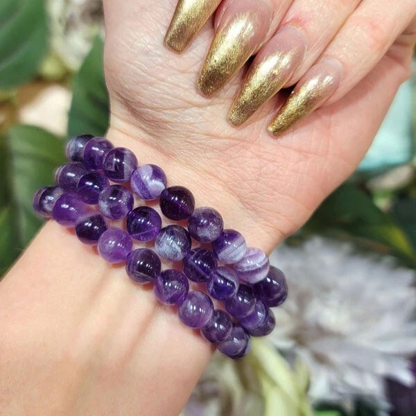 Amethyst Stone Beaded Healing Bracelet Purple Crystal Gemstone Stretch Bracelet