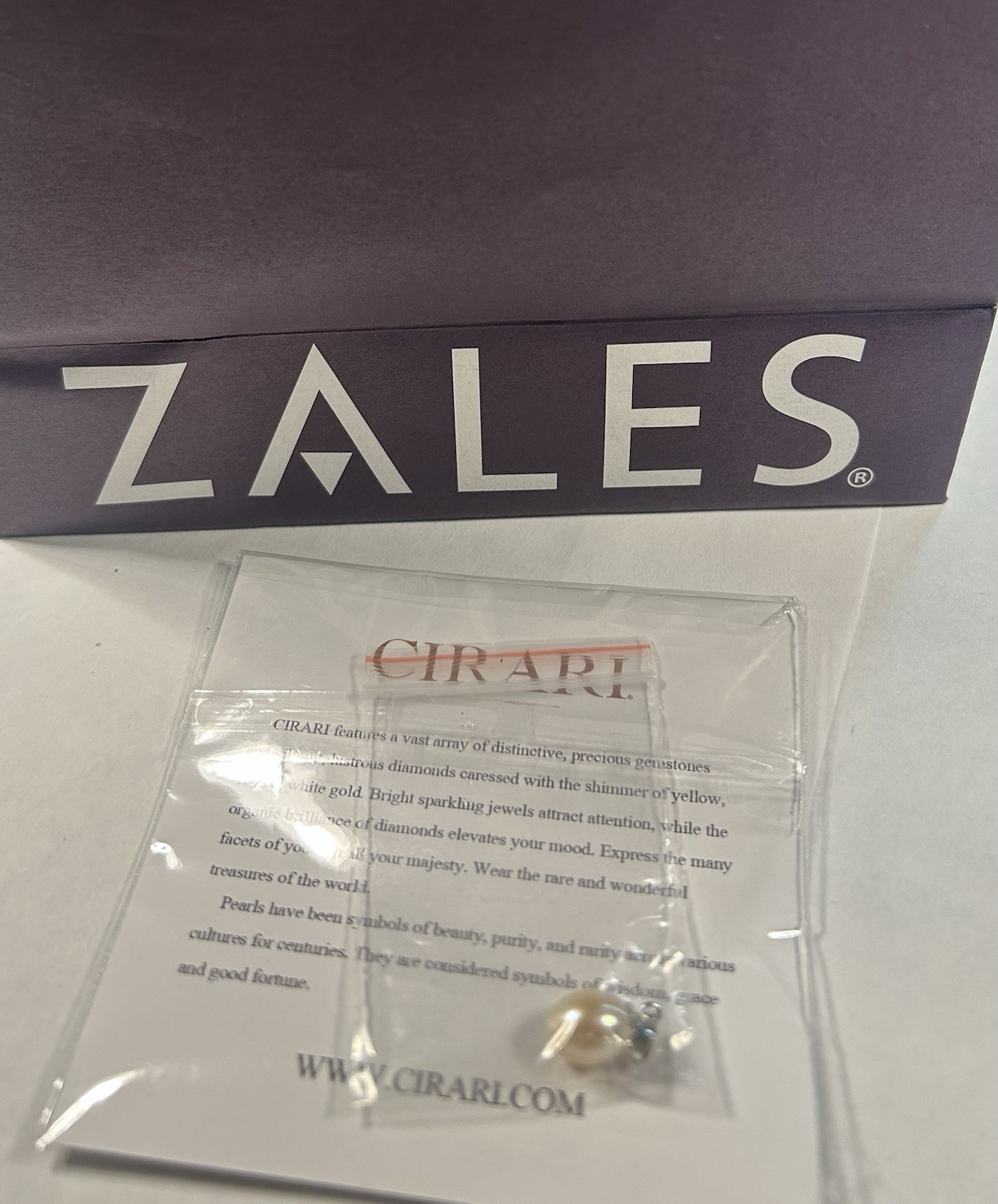 CIRARI 7.00 mm Pearl Charm With Zales Presentation Box, Gift Bag & CIRARI Cloth
