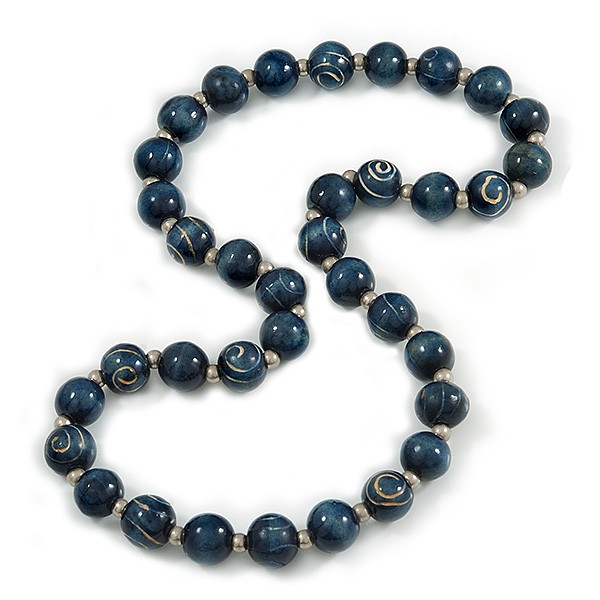 Long Chunky Dark Blue Wood Bead Necklace – 82cm L