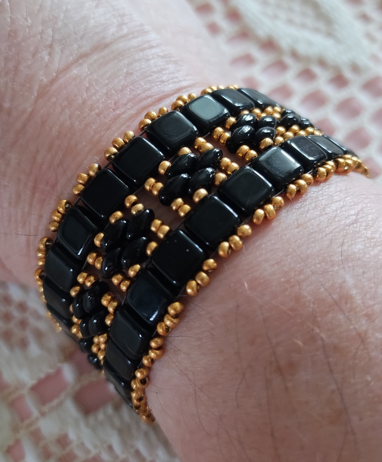 Black and Gold Colored Beaded Bracelet for Women Fashion Jewelry 7.2 In Long